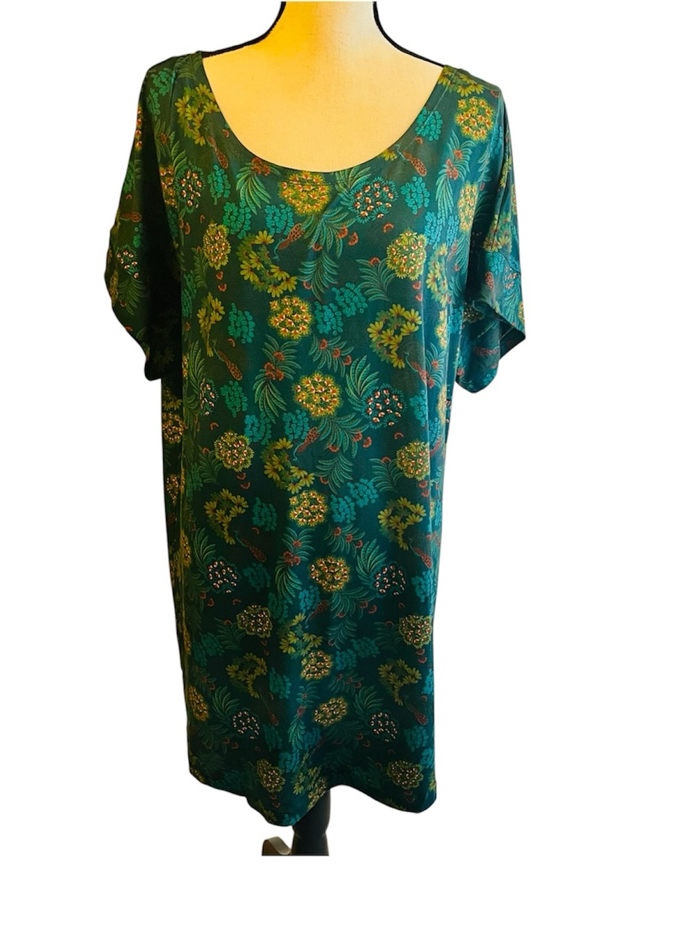 Gudrun Sjoden Short Sleeve Teal Floral Print Knee Length Dress/Tunic Sz L